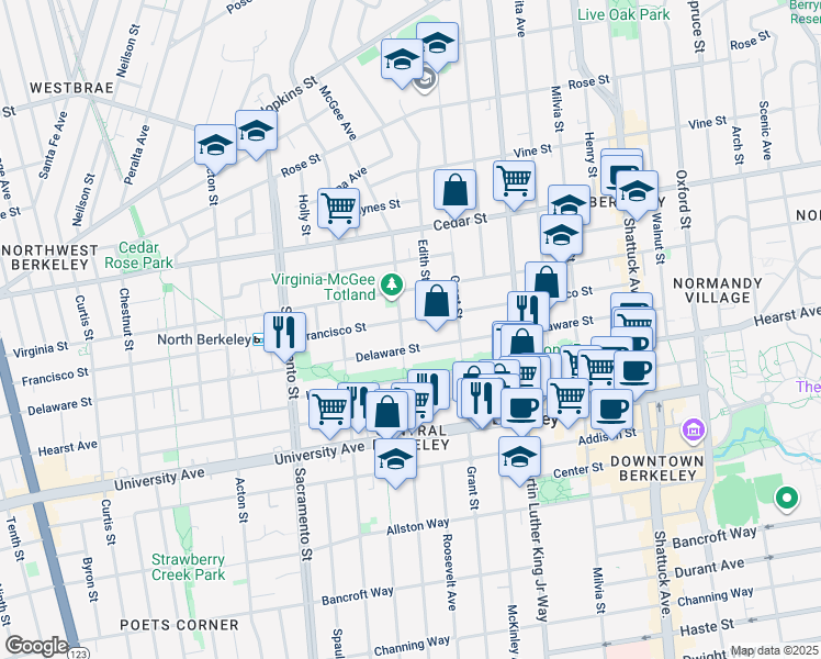 map of restaurants, bars, coffee shops, grocery stores, and more near 1704 Francisco Street in Berkeley
