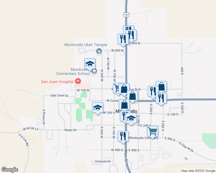 map of restaurants, bars, coffee shops, grocery stores, and more near 148 West 100 North in Monticello