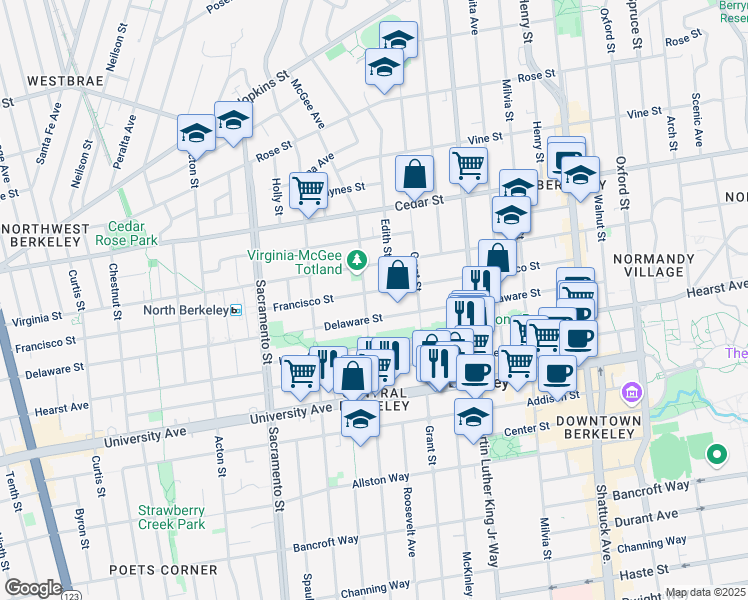 map of restaurants, bars, coffee shops, grocery stores, and more near 1704 Francisco Street in Berkeley