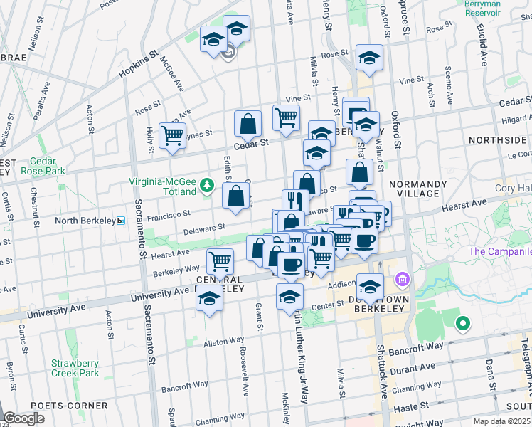map of restaurants, bars, coffee shops, grocery stores, and more near 1836 Francisco Street in Berkeley
