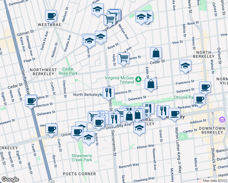 map of restaurants, bars, coffee shops, grocery stores, and more near 1520 Virginia Street in Berkeley