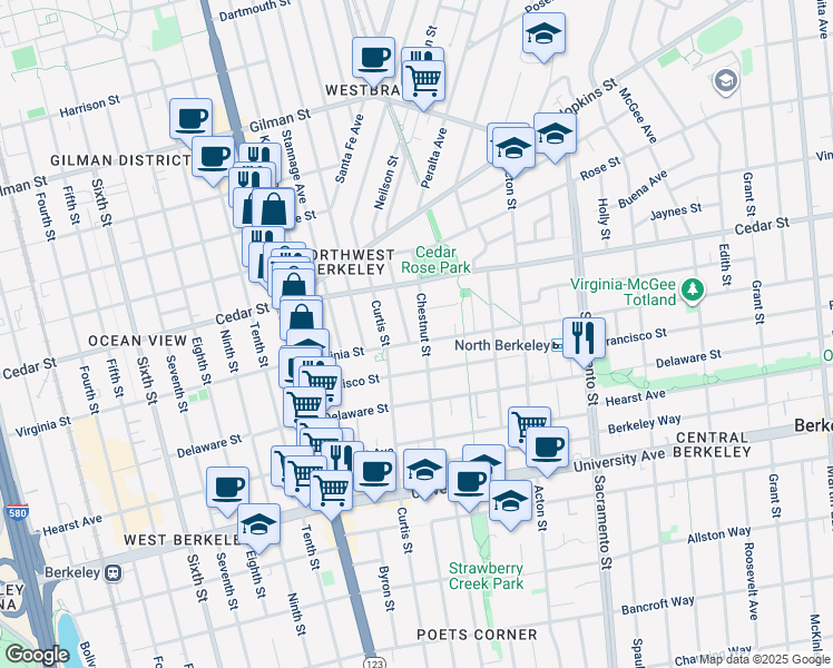 map of restaurants, bars, coffee shops, grocery stores, and more near 1620 Chestnut Street in Berkeley