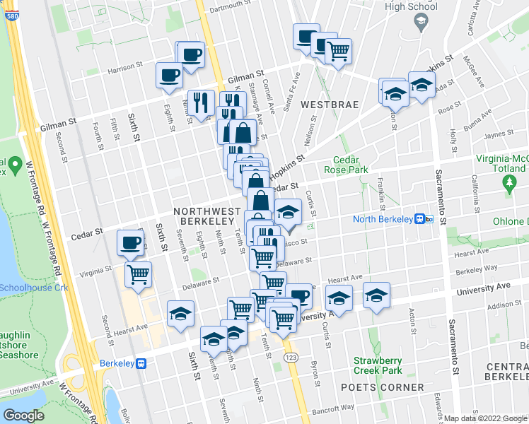 map of restaurants, bars, coffee shops, grocery stores, and more near in Berkeley