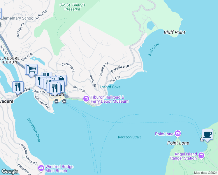 map of restaurants, bars, coffee shops, grocery stores, and more near 2123 Paradise Drive in Tiburon