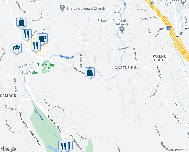 map of restaurants, bars, coffee shops, grocery stores, and more near 1684 Coventry Court in Walnut Creek
