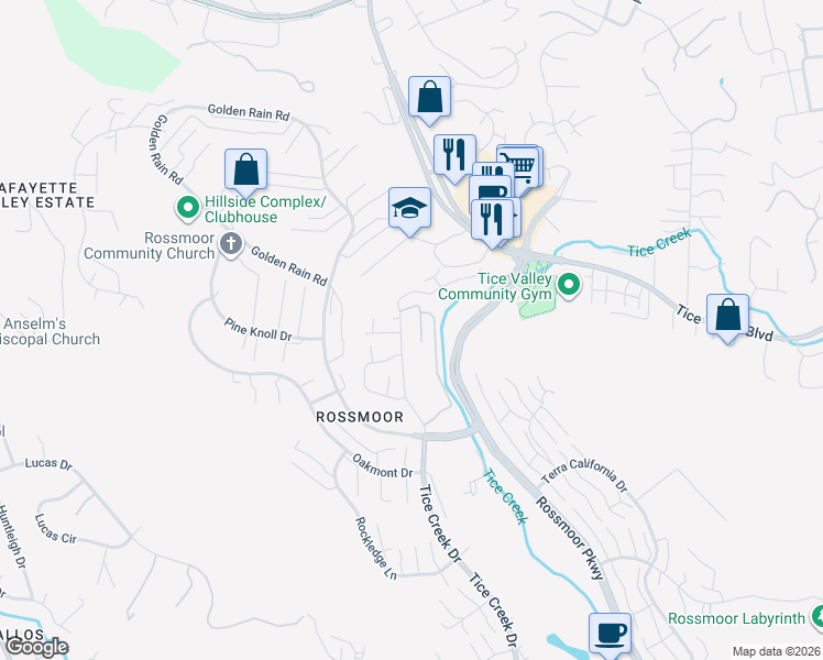 map of restaurants, bars, coffee shops, grocery stores, and more near 1840 Tice Creek Drive in Walnut Creek