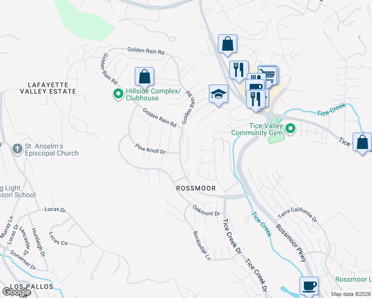 map of restaurants, bars, coffee shops, grocery stores, and more near 1548 Golden Rain Road in Walnut Creek