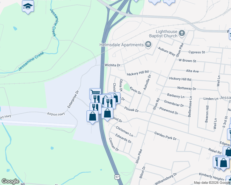 map of restaurants, bars, coffee shops, grocery stores, and more near 207 Christopher Drive in Nicholasville