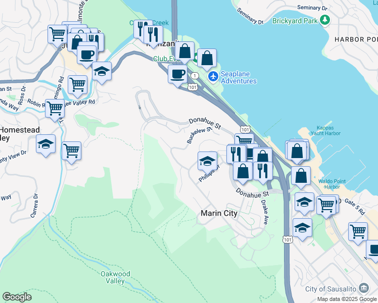 map of restaurants, bars, coffee shops, grocery stores, and more near 54 Buckelew Street in Sausalito