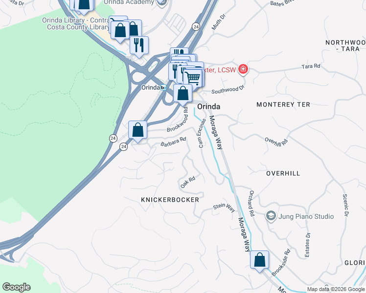 map of restaurants, bars, coffee shops, grocery stores, and more near 99 Longridge Road in Orinda