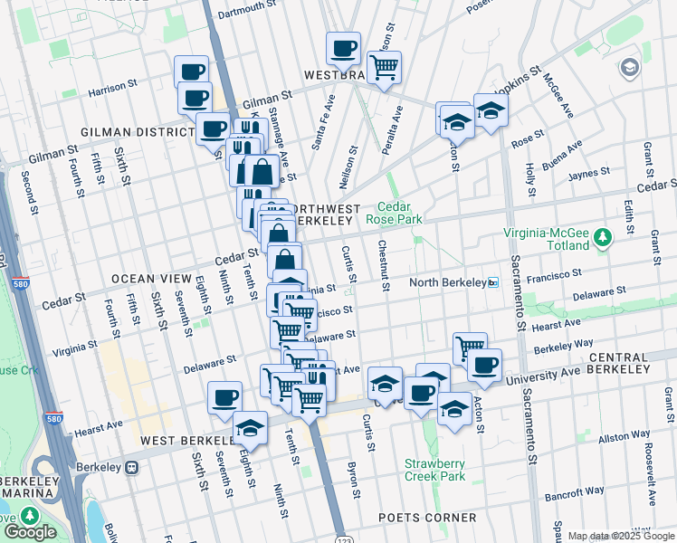 map of restaurants, bars, coffee shops, grocery stores, and more near 1637 Cornell Avenue in Berkeley