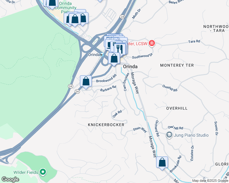 map of restaurants, bars, coffee shops, grocery stores, and more near 99 Longridge Road in Orinda