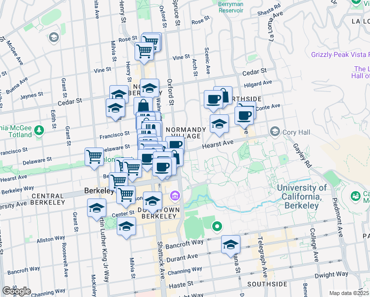 map of restaurants, bars, coffee shops, grocery stores, and more near 2255 Hearst Avenue in Berkeley