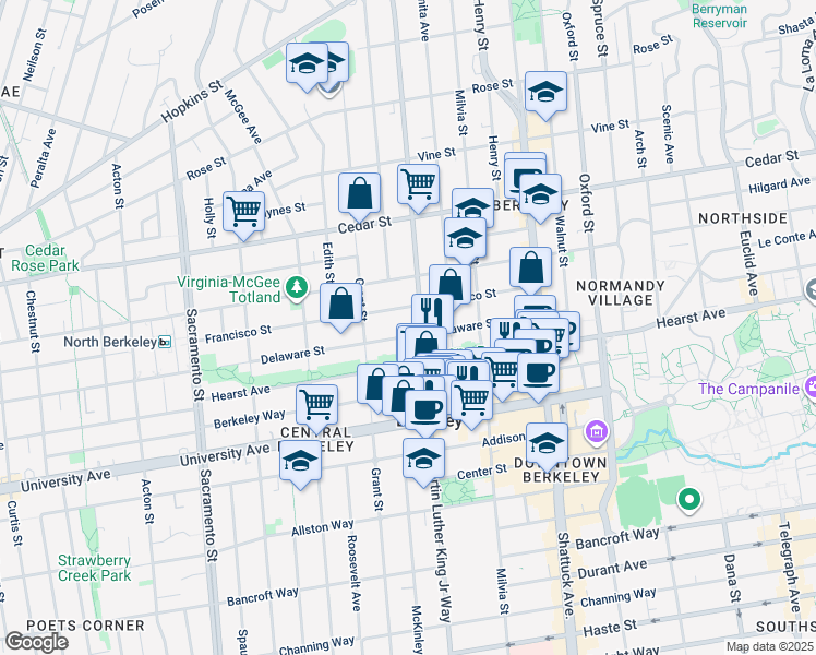 map of restaurants, bars, coffee shops, grocery stores, and more near 1836 Francisco Street in Berkeley
