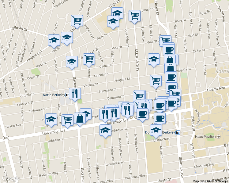 map of restaurants, bars, coffee shops, grocery stores, and more near 1719 Francisco Street in Berkeley