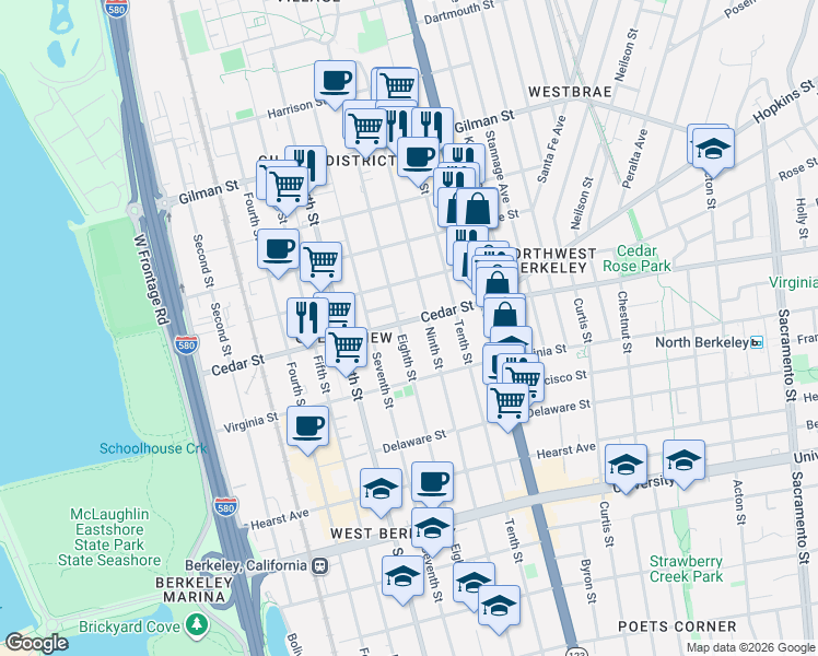map of restaurants, bars, coffee shops, grocery stores, and more near 999 Cedar Street in Berkeley