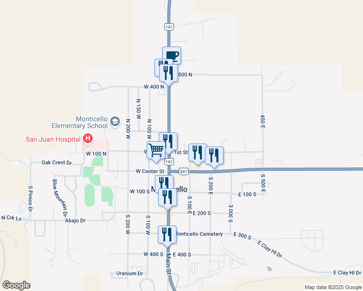 map of restaurants, bars, coffee shops, grocery stores, and more near 50 1st Street North in Monticello