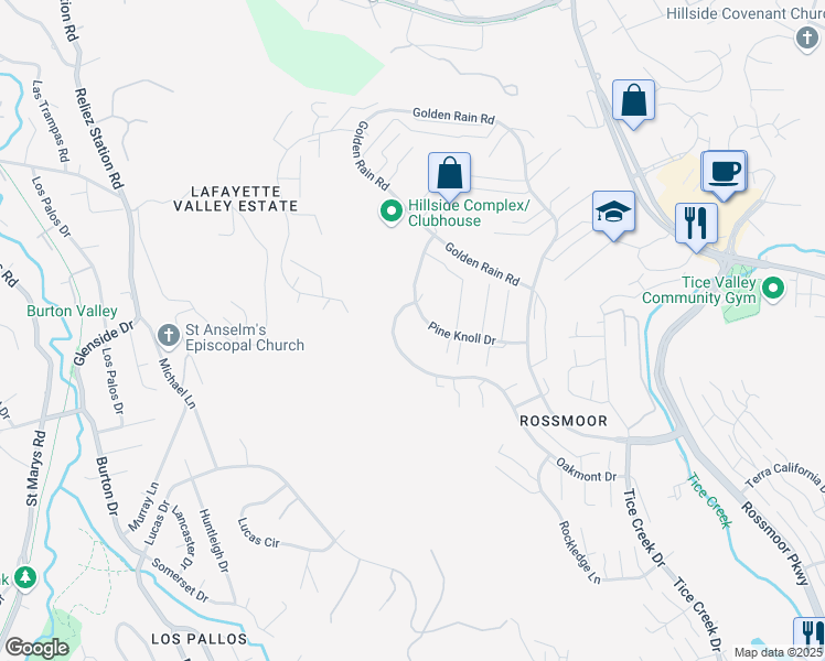 map of restaurants, bars, coffee shops, grocery stores, and more near 1732 Oakmont Drive in Walnut Creek