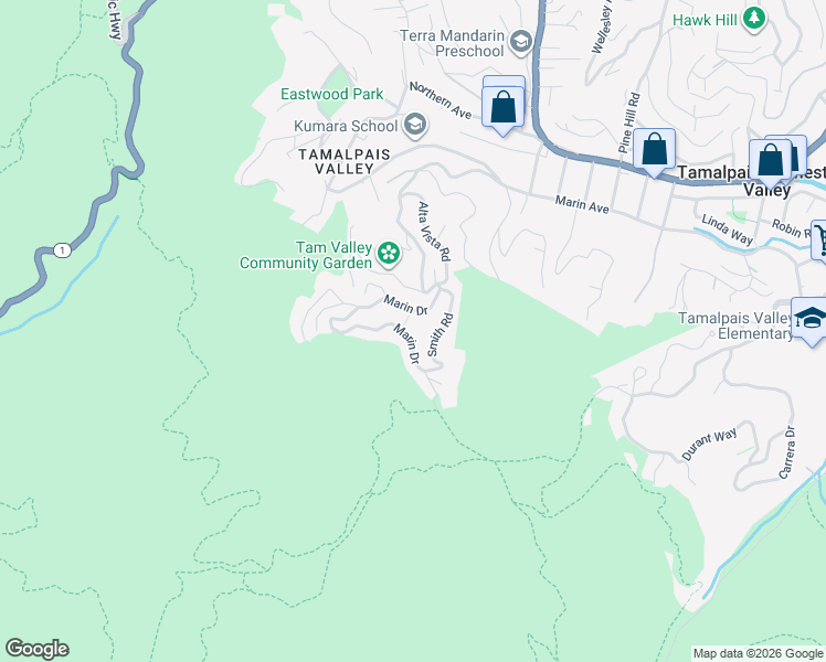 map of restaurants, bars, coffee shops, grocery stores, and more near 817 Marin Drive in Mill Valley