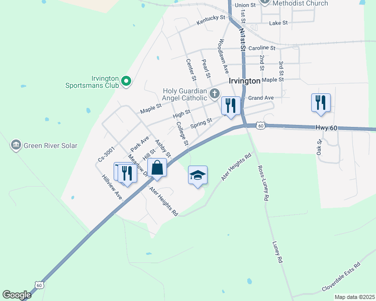 map of restaurants, bars, coffee shops, grocery stores, and more near 1 Wildcat Way in Irvington