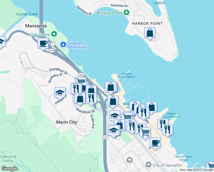 map of restaurants, bars, coffee shops, grocery stores, and more near 24 Kappas Marina West Pier in Sausalito
