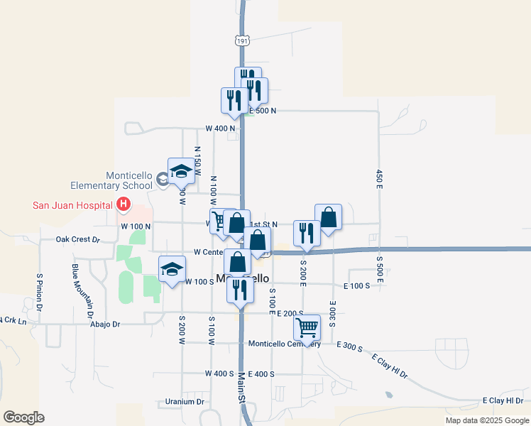 map of restaurants, bars, coffee shops, grocery stores, and more near 50 1st Street North in Monticello
