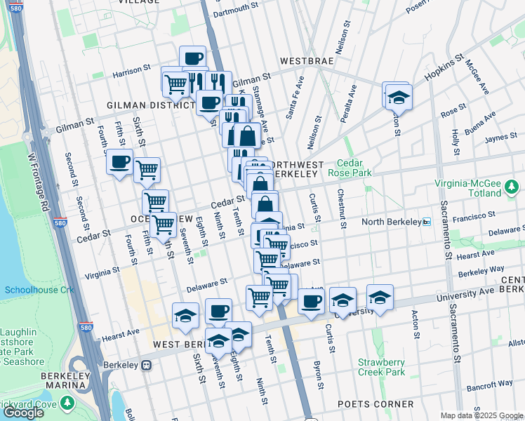 map of restaurants, bars, coffee shops, grocery stores, and more near in Berkeley