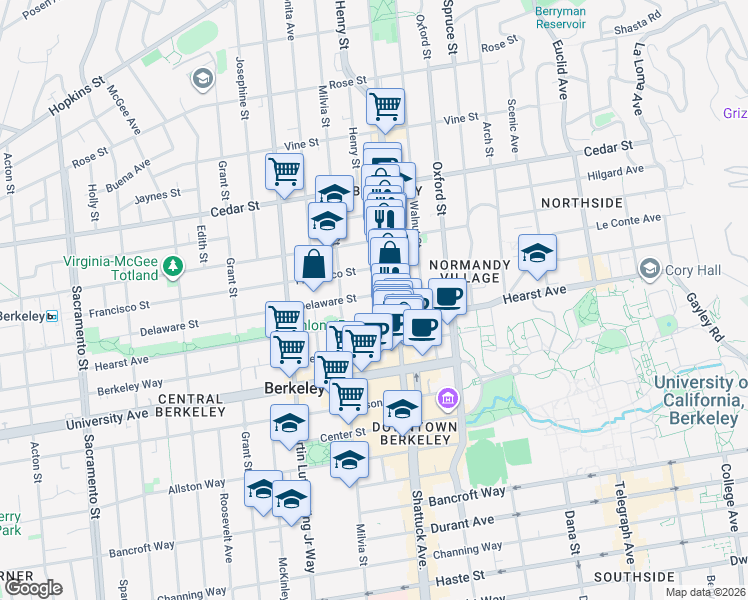 map of restaurants, bars, coffee shops, grocery stores, and more near 2028 Delaware Street in Berkeley