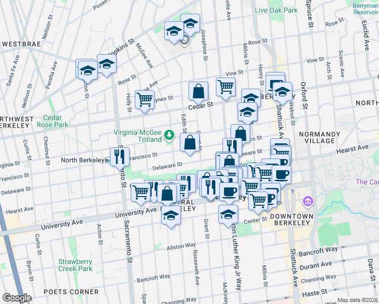 map of restaurants, bars, coffee shops, grocery stores, and more near 1730 Francisco Street in Berkeley