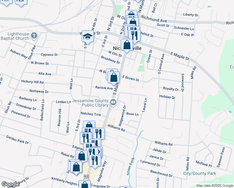 map of restaurants, bars, coffee shops, grocery stores, and more near 100 Laurel Lane in Nicholasville