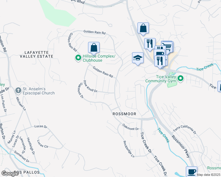 map of restaurants, bars, coffee shops, grocery stores, and more near 2133 Pine Knoll Drive in Walnut Creek