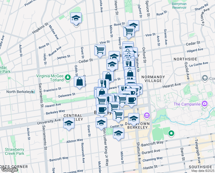 map of restaurants, bars, coffee shops, grocery stores, and more near 1921 Delaware Street in Berkeley