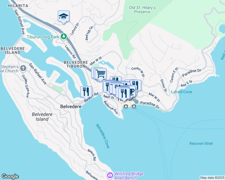 map of restaurants, bars, coffee shops, grocery stores, and more near 1610 Tiburon Boulevard in Tiburon