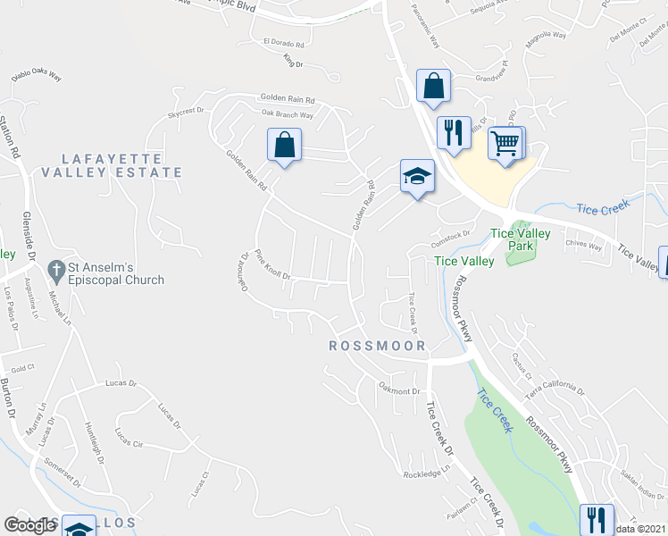 map of restaurants, bars, coffee shops, grocery stores, and more near 2133 Pine Knoll Drive in Walnut Creek