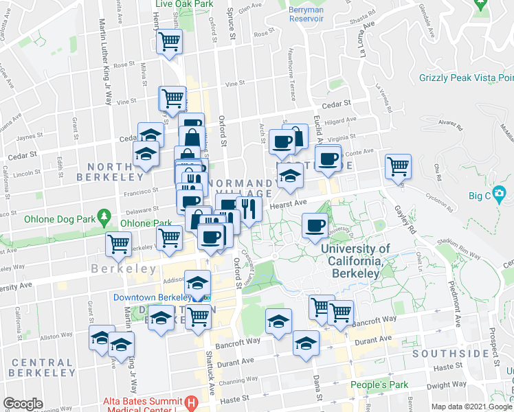 map of restaurants, bars, coffee shops, grocery stores, and more near 2255 Hearst Avenue in Berkeley