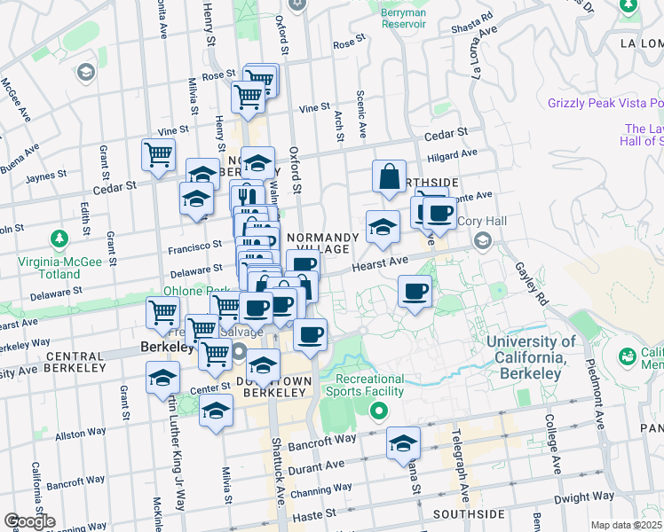 map of restaurants, bars, coffee shops, grocery stores, and more near 2255 Hearst Avenue in Berkeley