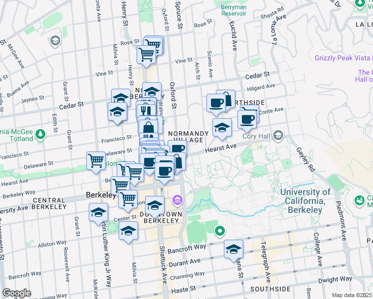 map of restaurants, bars, coffee shops, grocery stores, and more near 2255 Hearst Avenue in Berkeley