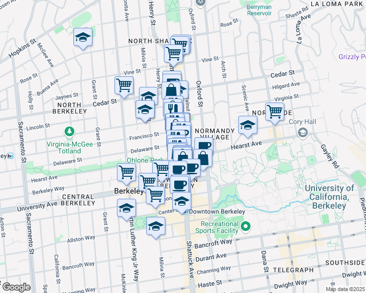 map of restaurants, bars, coffee shops, grocery stores, and more near in Berkeley