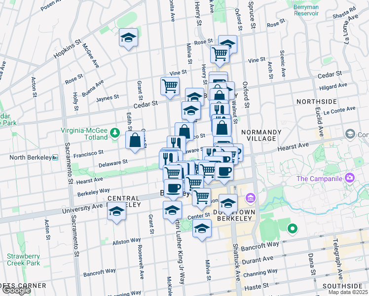 map of restaurants, bars, coffee shops, grocery stores, and more near 1920 Francisco Street in Berkeley