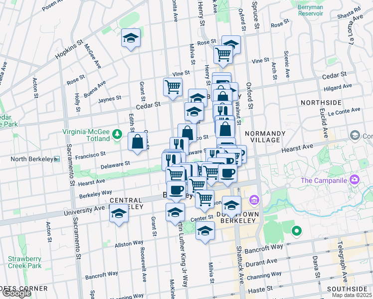 map of restaurants, bars, coffee shops, grocery stores, and more near 1920 Francisco Street in Berkeley