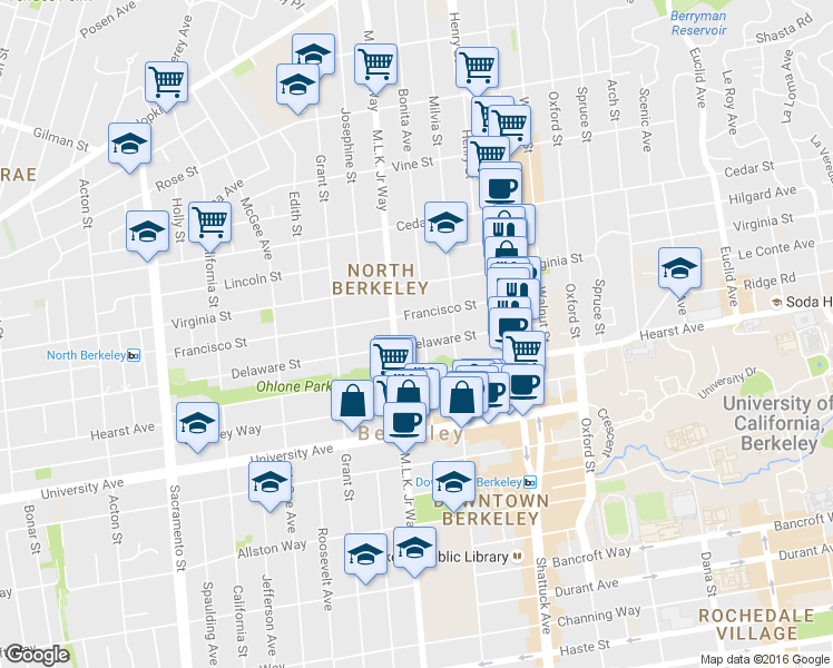 map of restaurants, bars, coffee shops, grocery stores, and more near 1920 Francisco Street in Berkeley