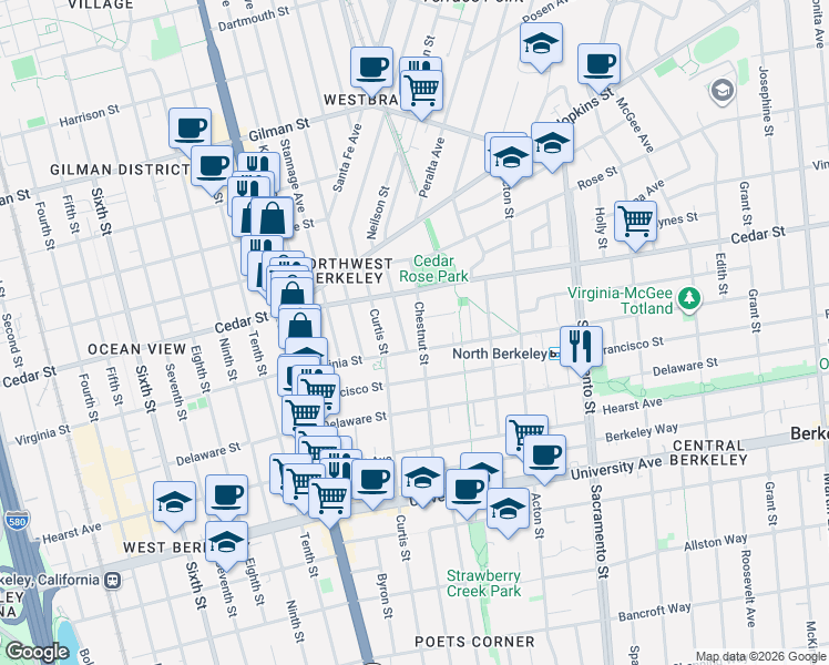 map of restaurants, bars, coffee shops, grocery stores, and more near 1620 Chestnut Street in Berkeley