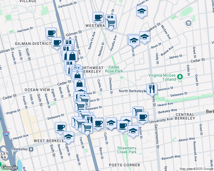 map of restaurants, bars, coffee shops, grocery stores, and more near 1620 Chestnut Street in Berkeley