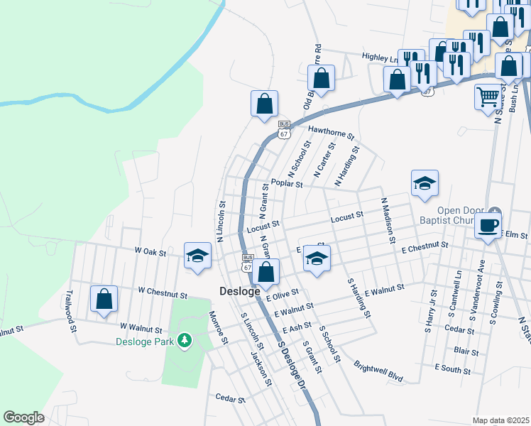 map of restaurants, bars, coffee shops, grocery stores, and more near 505 North Grant Street in Desloge