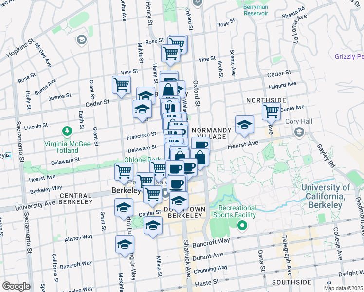 map of restaurants, bars, coffee shops, grocery stores, and more near 2120 Delaware Street in Berkeley