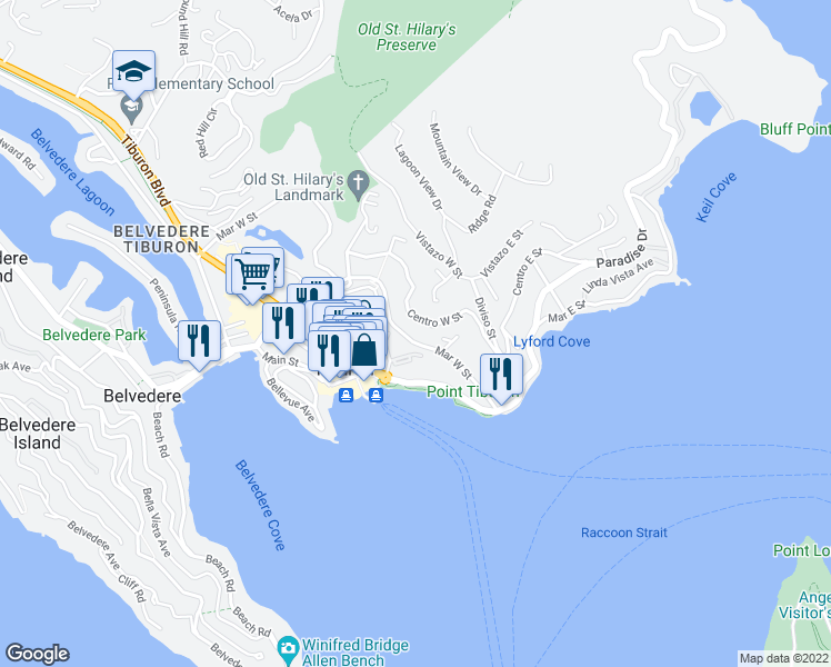 map of restaurants, bars, coffee shops, grocery stores, and more near 1868 Centro West Street in Tiburon