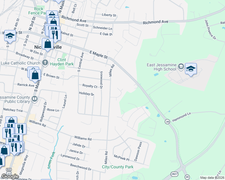 map of restaurants, bars, coffee shops, grocery stores, and more near 314 Elkchester Circle in Nicholasville