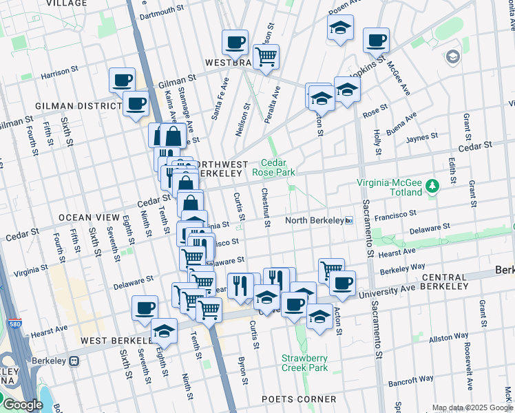 map of restaurants, bars, coffee shops, grocery stores, and more near 1620 Chestnut Street in Berkeley