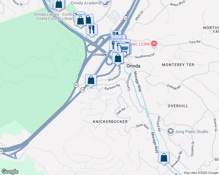 map of restaurants, bars, coffee shops, grocery stores, and more near 67 Underhill Road in Orinda