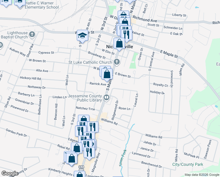 map of restaurants, bars, coffee shops, grocery stores, and more near 100 Laurel Lane in Nicholasville